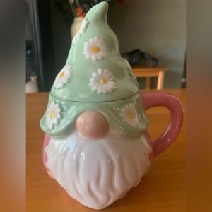 Spring Gnome Mug - pink body with green hat adorned with white daisies